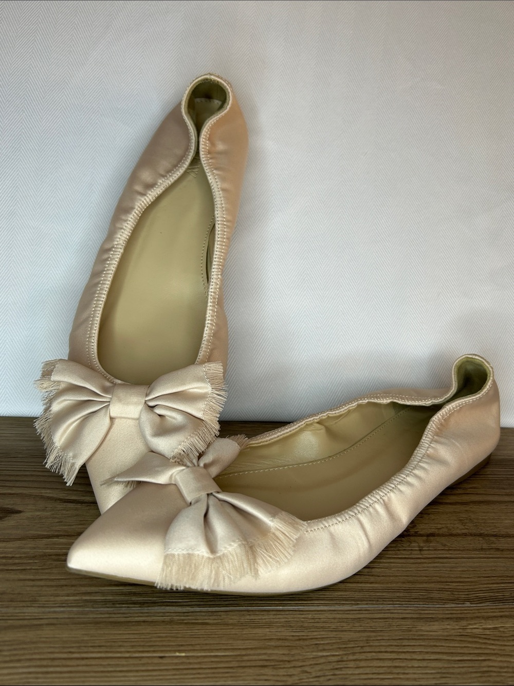 J. Crew Satin Bow Pointed-Toe Flats in Blush